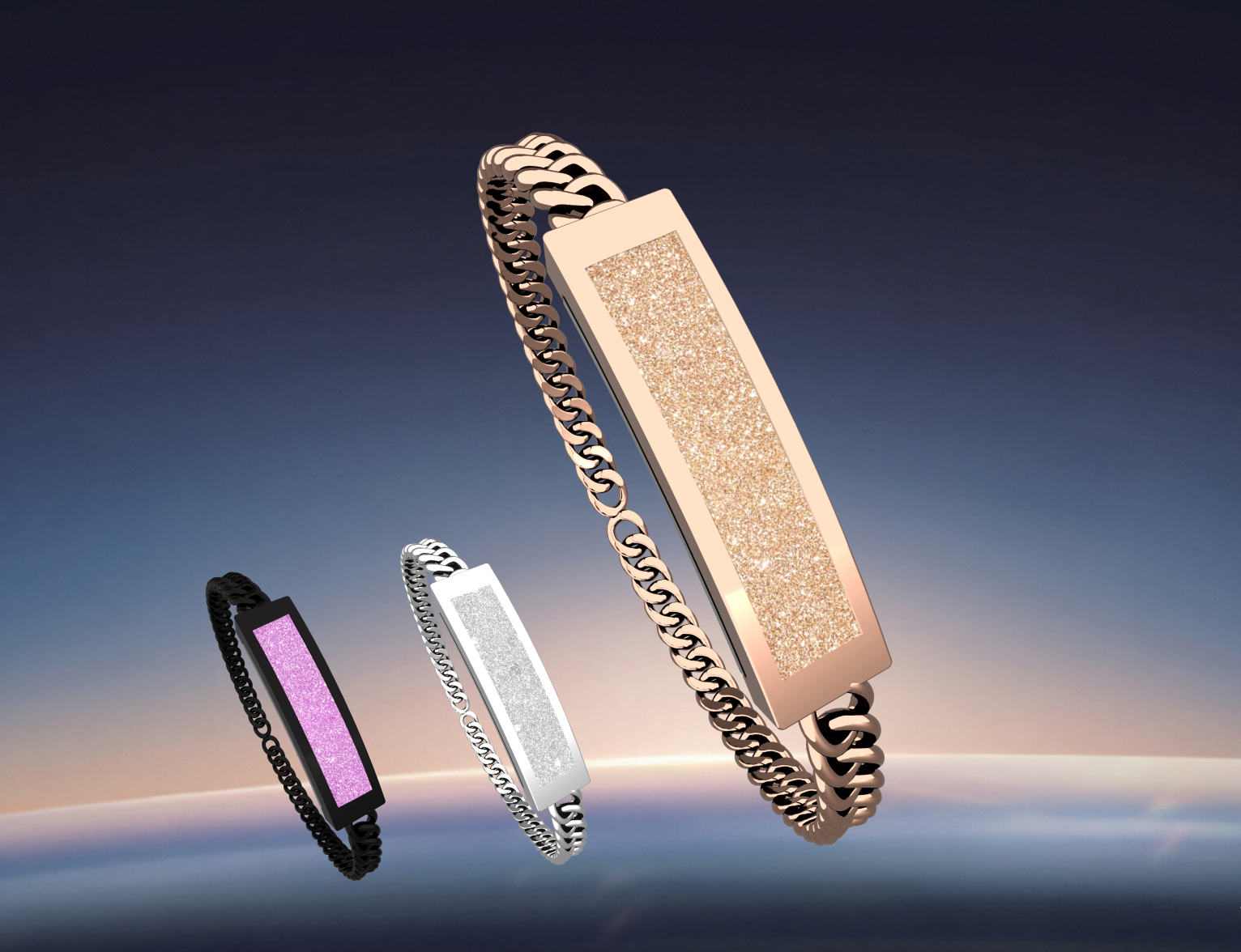 Three chain-link smart bracelets in rose gold, silver and black with glitter display panels