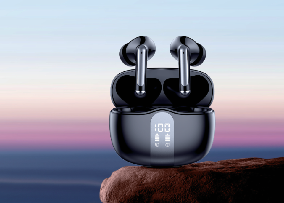 True-wireless earbuds in their open charging case