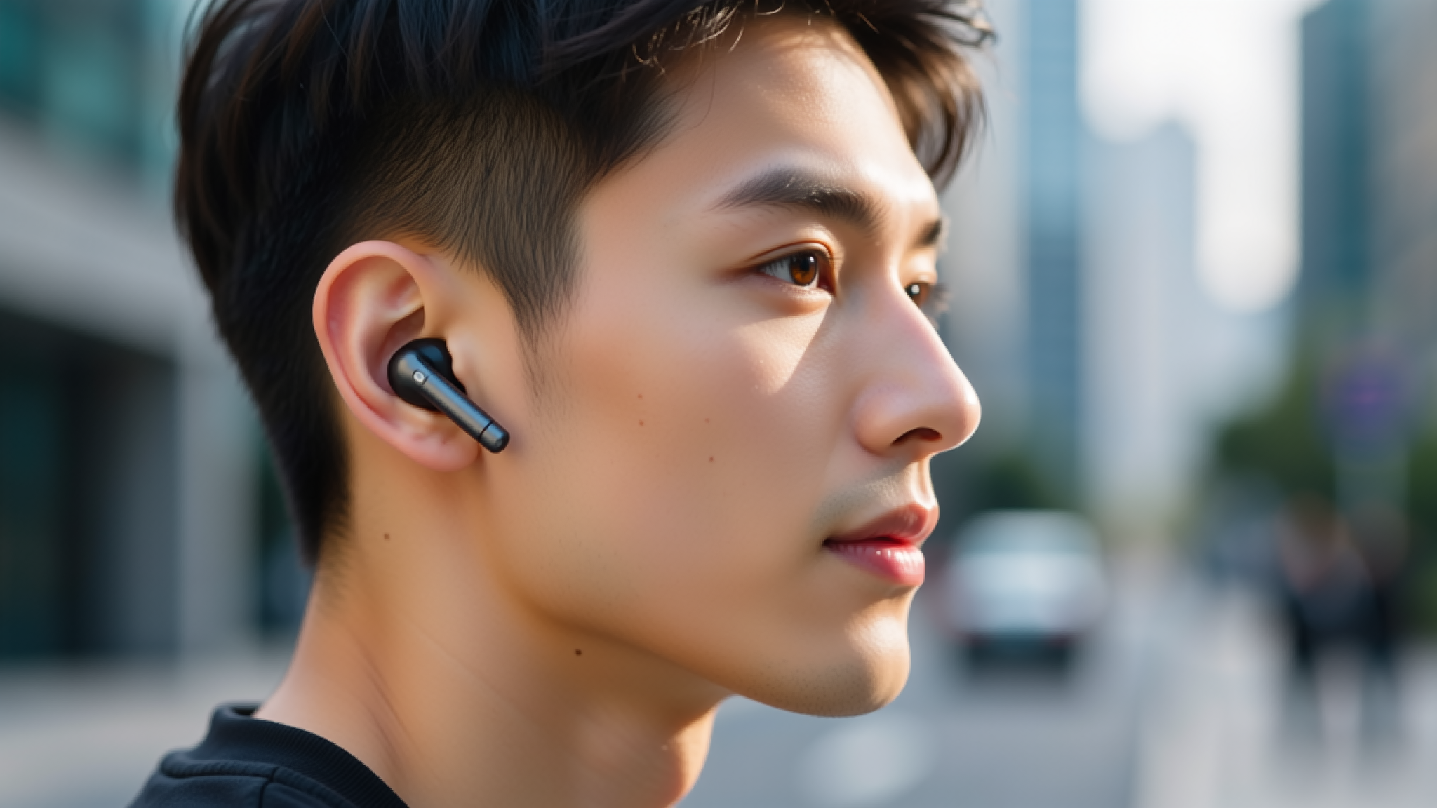Macro photograph of a true-wireless earbud showing its moulded acoustic housing