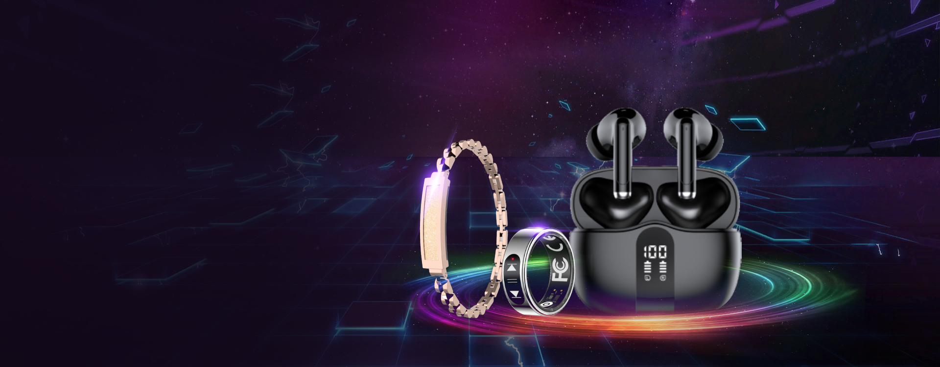 TWS earbuds charging case, a smart bracelet and a smart ring floating in front of glowing blue energy arcs against a deep-space background